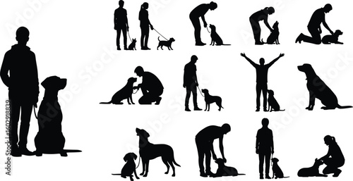People training dogs in silhouette, pet obedience pose, canine interaction illustration, walking and teaching moment, black vector art, animal care