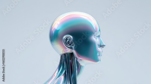 A head with a metallic sheen and a rainbow-colored aura