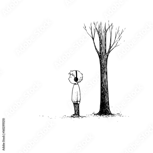 A boy with headphones stands next to a bare tree in a minimalist black and white illustration style image