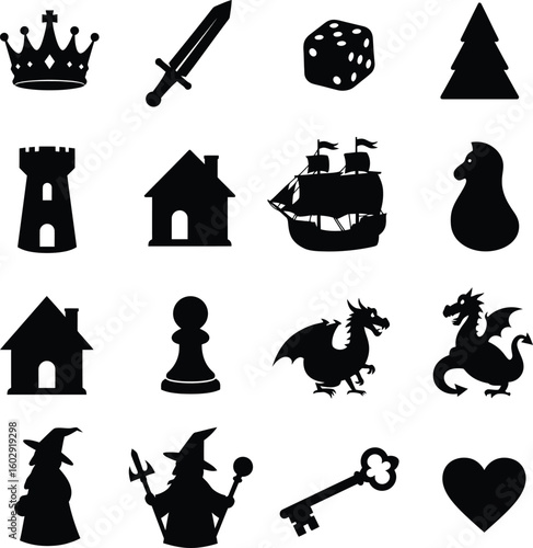 Fantastical Elements and Game Icons Vector Silhouettes - Crown, Sword, Dice, Dragon, Wizard, Castle, and More for Storytelling and RPG Designs.