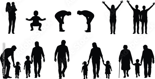 Silhouette of family bonding moments, parent-child love, diverse caring poses, generational connection, black vector artwork, unity, growth, happiness illustration