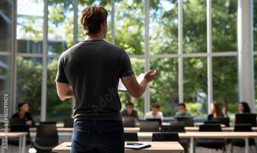 Man speaks to a classroom of students, gesturing while holding notes, in a bright room with large windows
