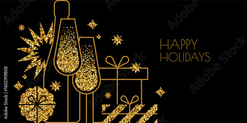 Vector illustration with golden glitter champagne glasses, gift boxes. Design for holiday card, party invitation, poster