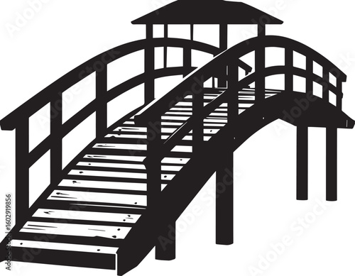 Wooden Ferry Bridge Silhouette in Black | Rustic River Crossing Illustration Vector Format