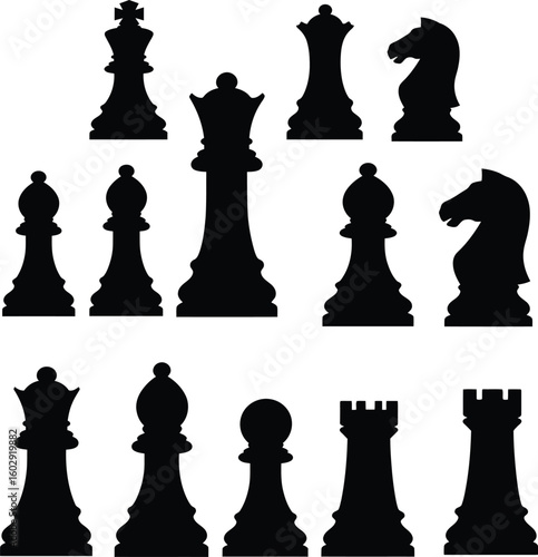 Extensive Chess Pieces Silhouette Set Vector: Black King, Queen, Bishop, Knight, Rook, and Pawn Collection – Monochrome Graphic Symbols for Strategy, Game, Competition, Intellect, and Business Tactic.