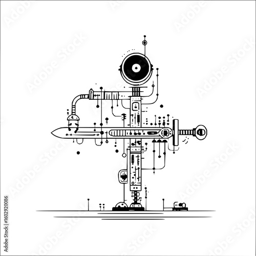 Illustration of a complex machine with a sword element in black and white line art style design work