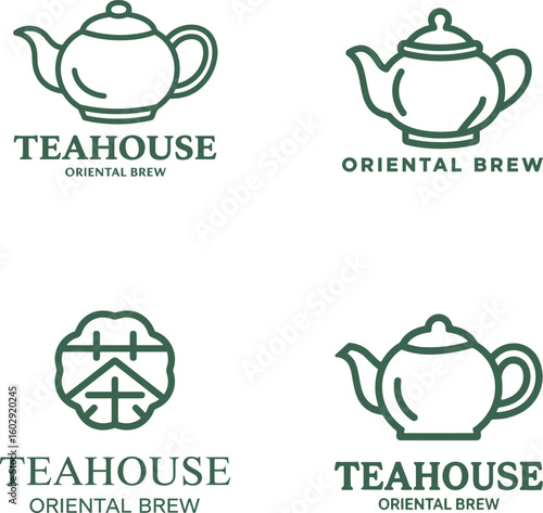 Traditional Oriental Teapot and Teahouse Logos for Brewed Beverages and Cultural Experience
