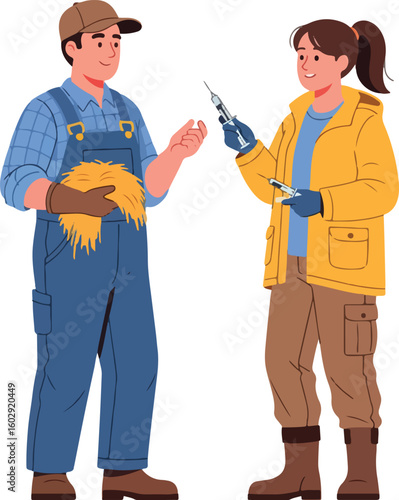 A cartoon illustration featuring a male farmer and a female livestock breeder.