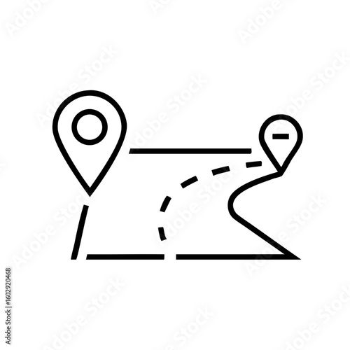 Location markers with road path in minimalist line art style  