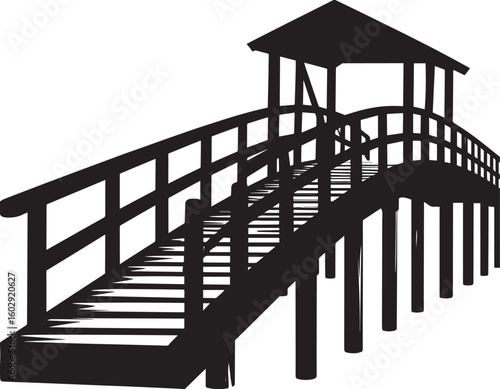 Wooden Ferry Bridge Silhouette in Black | Rustic River Crossing Illustration Vector Format