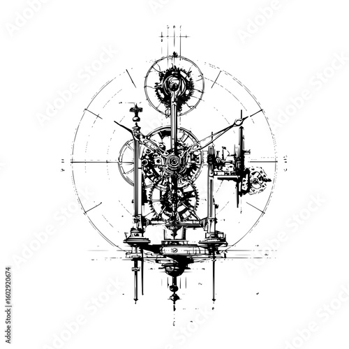 Detailed sketch of a complex clock mechanism with gears and hands on a white background design drawing