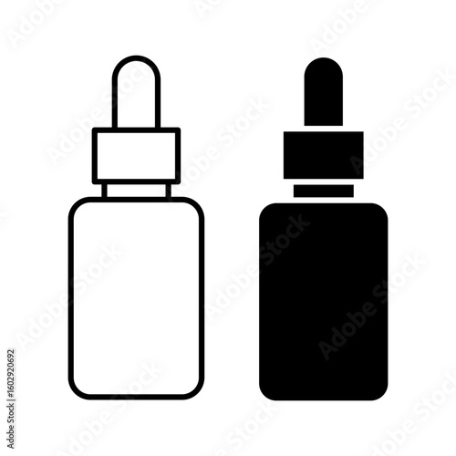 Dropper bottle icon set. Dropper serum or essential oil bottle with pipette icons. Dropper serum logo, label, badge, sticker, symbol, emblem, black, line, vector, isolated on white background.
