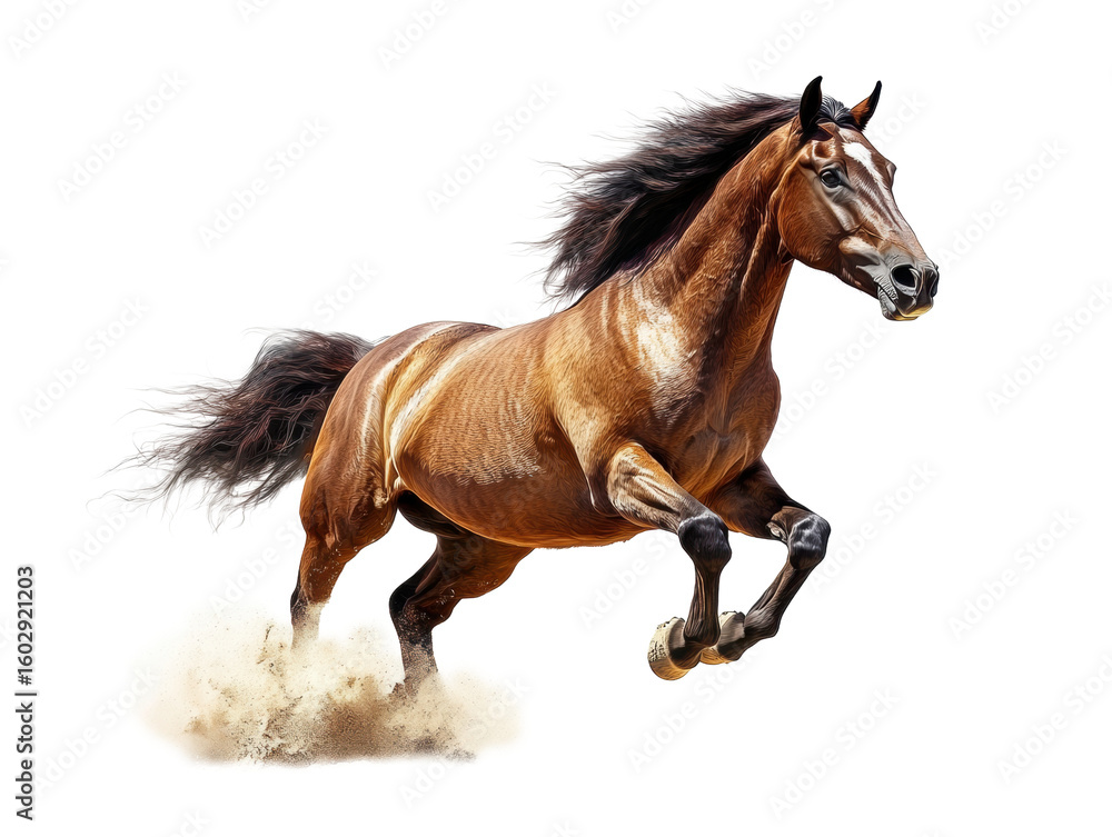 Naklejka premium A powerful horse in motion, kicking up dust.