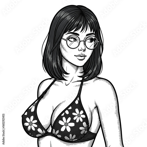 Woman in Bikini Top with Glasses, drawn in an engraved, woodcut style with fine details sketch engraving vector illustration. Scratch board imitation.