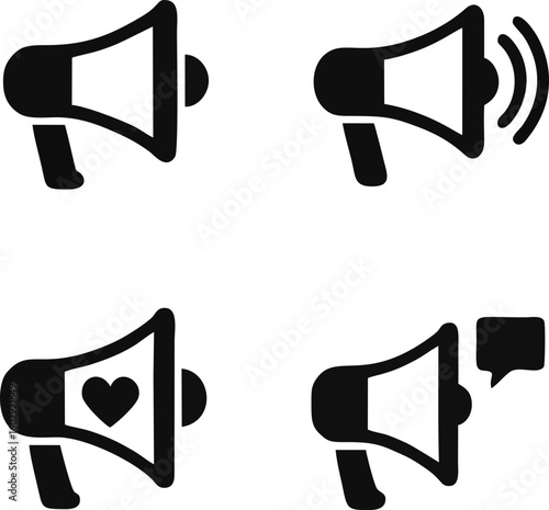 Megaphone vector icon set - alerts, notifications, communication. Matching topics, links with communication, marketing, advertising, notification requests and official announcements.