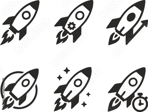 Rocket vector icon set - launch, progress, startup. Adaptation for startups, business development, rapid product launch, innovation and technology topics.