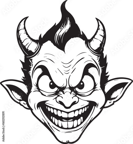 Whimsical Devilish Portrait: A black and white illustration of a devilish imp with a mischievous grin, prominent horns, and a devilish look.