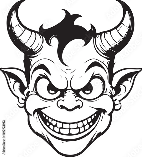 Tableau sur toile Fiendish Grin Portrait: A monochrome illustration of a devilish face, grinning malevolently, capturing the essence of mischief, malevolence, and sinister intentions