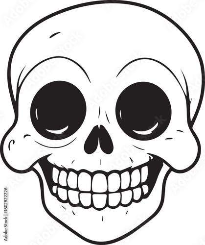 Smiling Skull Illustration: A monochrome illustration of a skull with a friendly, toothy grin, perfect for conveying themes of humor or Halloween celebrations.