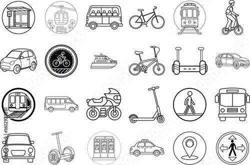 Various urban transportation modes and symbols vehicles public transport