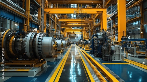 Industrial factory interior showing large machinery and equipment under construction.
