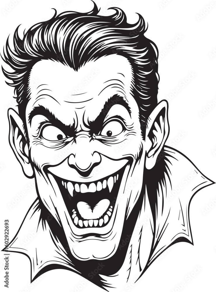 Fototapeta premium Sinister Smile: A detailed illustration capturing the unsettling grin of a character. The artwork exudes a chilling aura through the contrast of sharp lines and shadows.