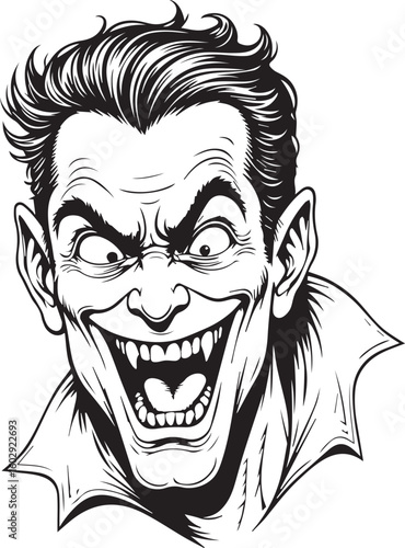 Sinister Smile: A detailed illustration capturing the unsettling grin of a character. The artwork exudes a chilling aura through the contrast of sharp lines and shadows.