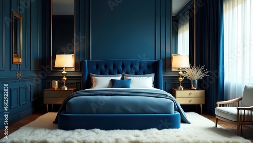 Luxurious blue bedroom interior design with gold accents.