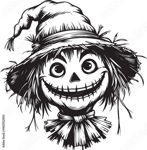Smiling Scarecrow: A whimsical scarecrow, with a jovial grin and adorned with a straw hat, stands guard in a field, perfect for autumn and harvest themes. 