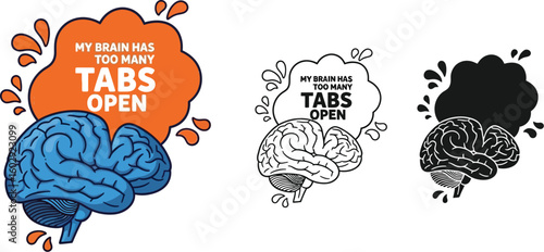 Brain overload concept with too many tabs open metaphor for mental exhaustion idea