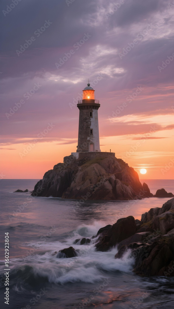 Naklejka premium Lone lighthouse on rugged coast glows warmly at sunset with gentle ocean waves.