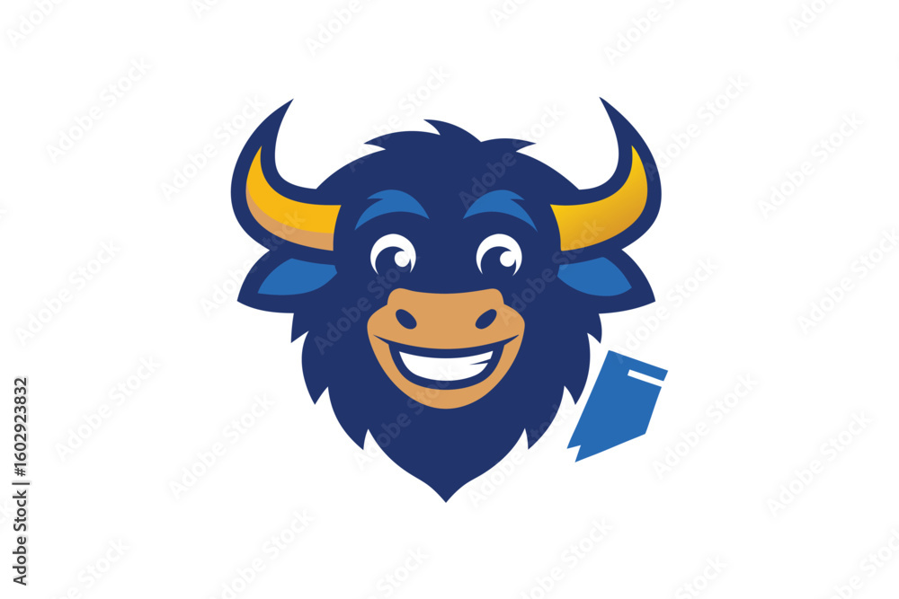 Naklejka premium Buffalo Head Mascot with Bill and Smile on White Background Design