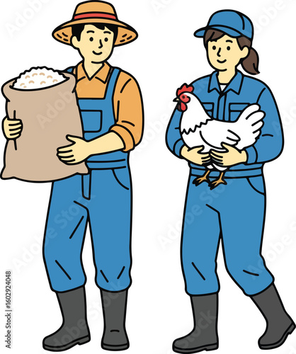 A cartoon illustration featuring a male farmer and a female livestock breeder.