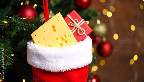 Christmas stocking with cheese and a gift