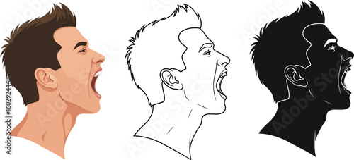 Illustration of screaming man in profile with outline and silhouette versions