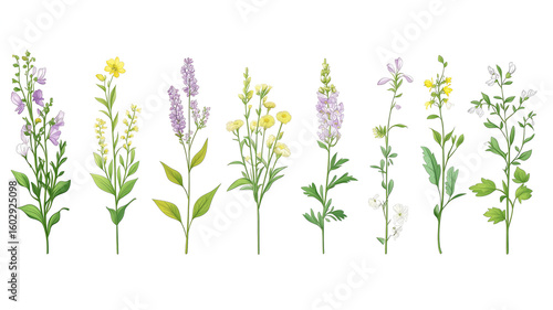 Illustrated collection of wildflowers featuring lavender and buttercup on white background