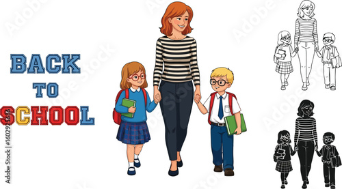 Back to school illustration of mother with children going to school together vector