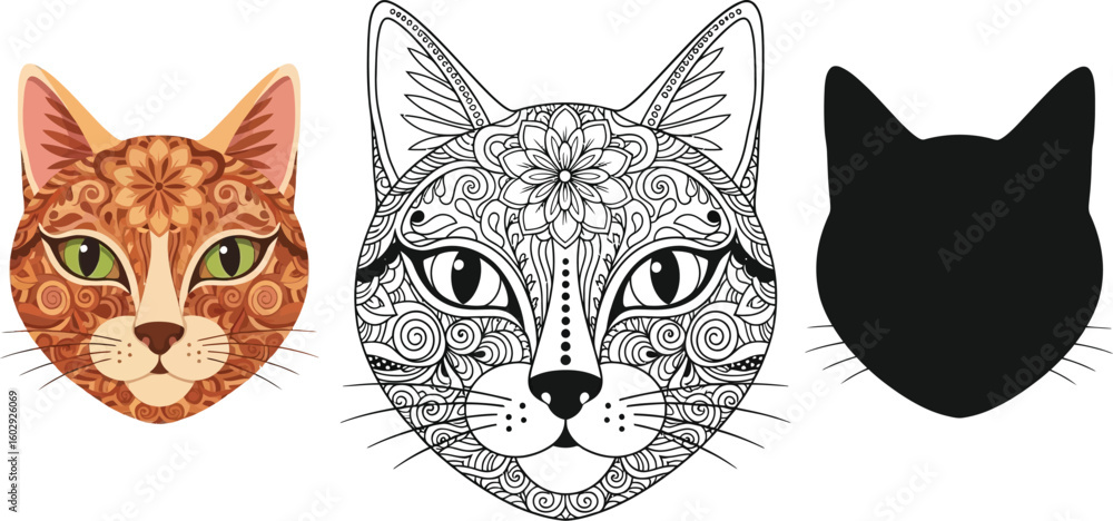 Fototapeta premium Cat head illustration vector art design for coloring page or graphic element usage