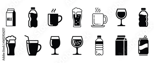 Beverage Drinks Icons: Assortment of Refreshing Bottles, Glasses, Mugs, and Cartons

