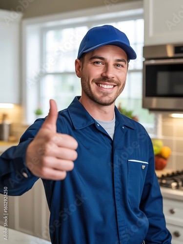 A man in a blue shirt is giving a thumbs up