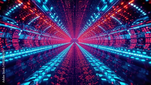 AI Guardrails. Futuristic digital tunnel glowing blue red neon lights
