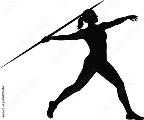 Silhouette of female athlete throwing javelin, isolated sport figure, strength, competition, Olympics, action pose, vector illustration, white background