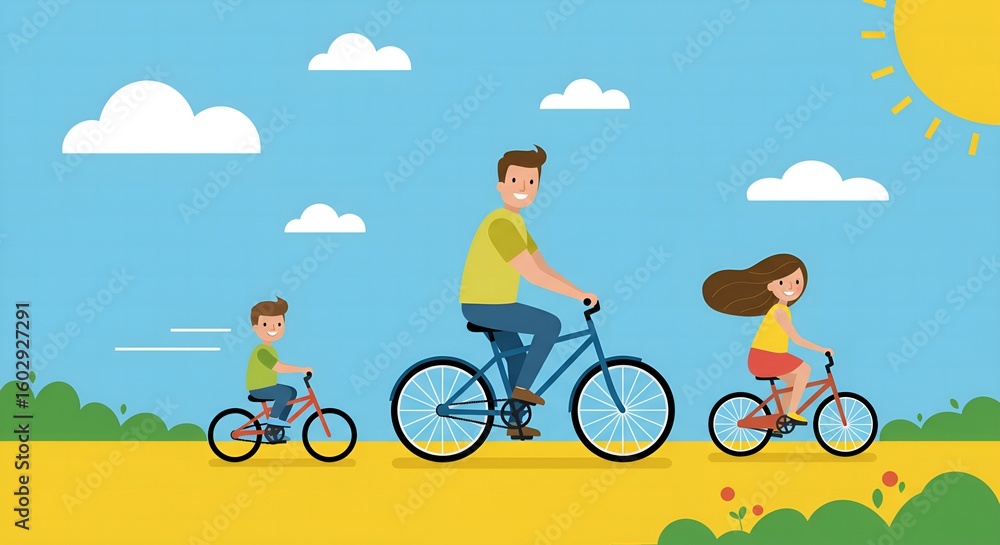 Fototapeta premium Joyful family enjoys a sunny day cycling together through a vibrant park landscape.