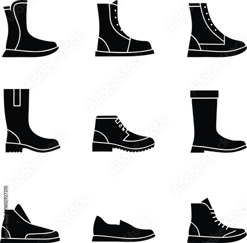 Collection of casual men s footwear icons in a clean silhouette style