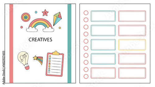 Illustration of creatives planner page with rainbow, star, lightbulb, and checklist with blank task list