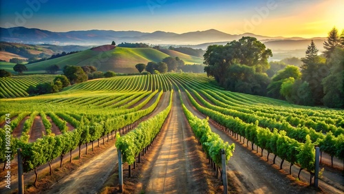 Wallpaper Mural A vineyard landscape with rows of grape vines and rolling hills at sunrise with a clear blue sky Torontodigital.ca