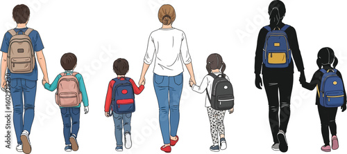Back to school illustration of parents and children walking to school together art
