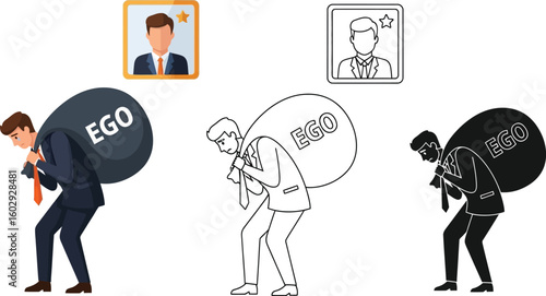 Ego baggage concept illustration of a man carrying a heavy ego sack burden vector art