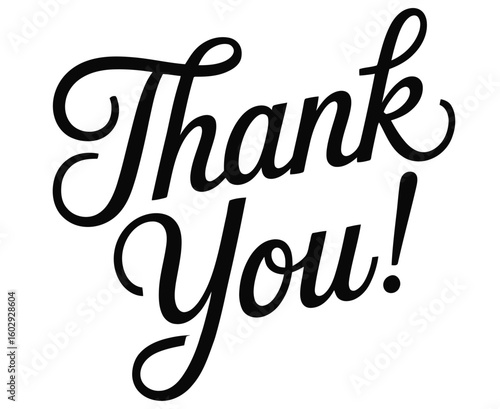  Black cursive “Thank You!” text on clean white background, elegant minimal design ideal for appreciation, greeting cards, and decor themes