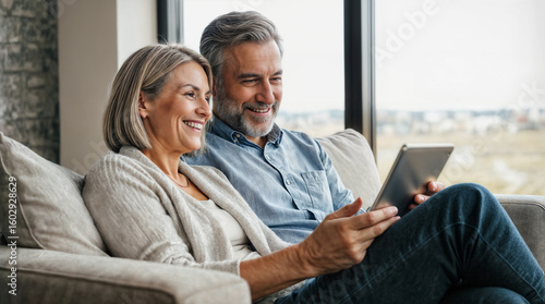 Happy middle-aged couple relaxing on sofa using digital tablet at home with natural light